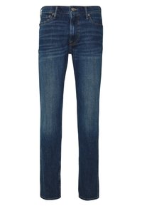 Jeans de mezclilla azul oscuro con un diseño de pierna recta. Incluyen cinco bolsillos, un cierre de botón y cremallera, y patrones de desvanecimiento sutiles.