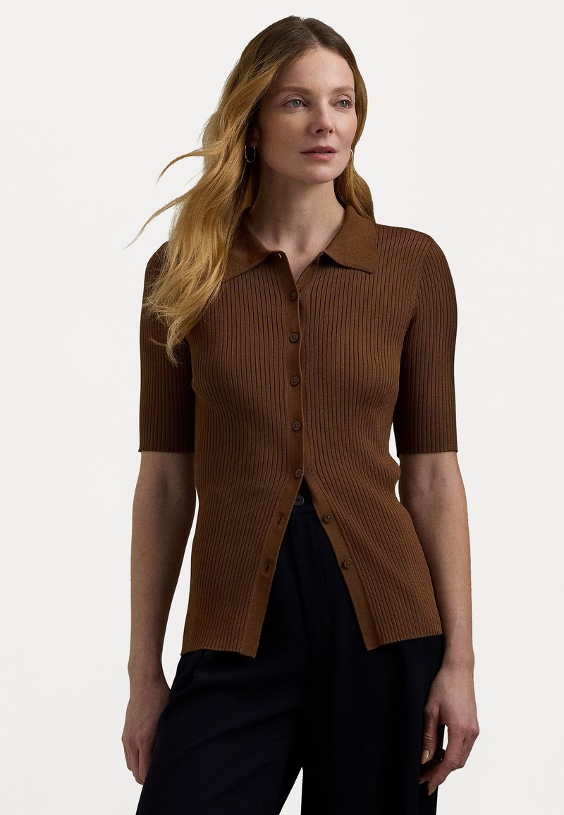 Lauren Ralph Lauren RIB KNIT ELBOW SLEEVE POLO CARDIGAN - Kofta - dark terracotta