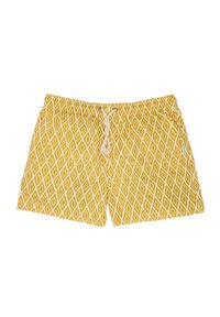 Pantaloni scurți de înot galbeni cu un model în diamant alb, având talie elastică, șnur de ajustare și două buzunare laterale.