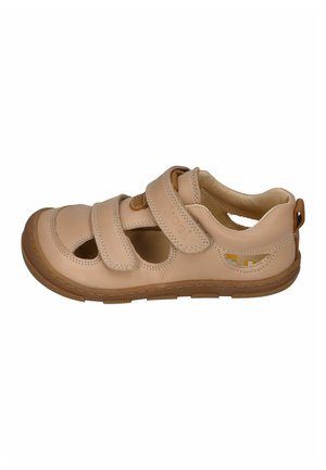 Hellbraune Ledersandale für Kinder mit zwei verstellbaren Klettverschlüssen und einer flexiblen braunen Gummisohle.
