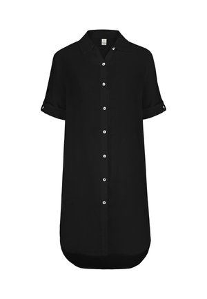 Schwarzes kurzärmeliges Hemdkleid mit Kragen und aufgerollten Manschetten, mittellang bis zur Mitte des Oberschenkels und weißen Knöpfen vorne.