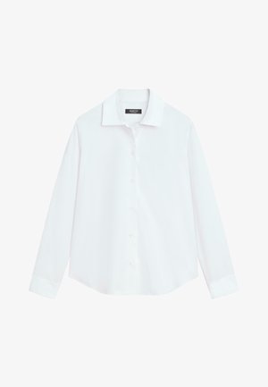 Weißes langärmeliges Hemd mit Knöpfen, Kragen, Manschetten und einem leicht geschwungenen Saum, flach auf einem weißen Hintergrund liegend dargestellt.