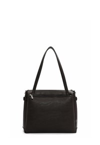 Sac à main en cuir noir avec deux anses, de forme rectangulaire, surface texturée et fermeture zippée sur le dessus. Présente des accents matériels minimalistes.