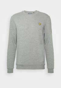 Grey sweatshirt made of soft fabric, featuring a crew neck and ribbed cuffs, with a small yellow bird logo on the left chest.