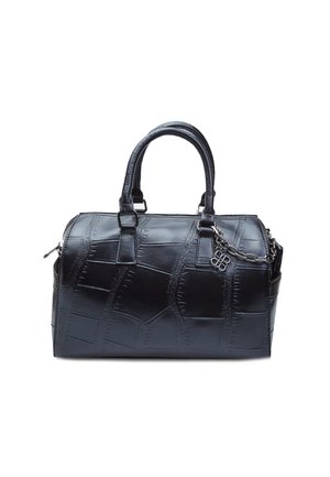 Borsa a mano in pelle nera con una trama a coccodrillo, doppi manici superiori e un accent decorativo a catena removibile. Superficie liscia e forma strutturata.