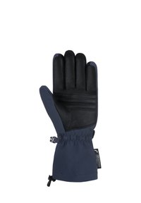 Wasserfeste Handschuhe mit einem navyfarbigen Textiloberteil und schwarzem Leder auf der Handfläche, ausgestattet mit einem Fünf-Finger-Design und einem elastischen Handgelenkzug für einen sicheren Sitz.