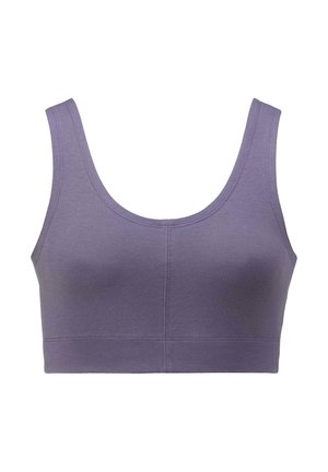Purple cropped bralette made of soft fabric, featuring a scoop neckline and wide straps. Smooth texture with subtle seam detailing.