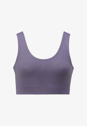 Lila verkürzter Bralette aus weichem Stoff, mit einem Rundhalsausschnitt und breiten Trägern. Glatte Textur mit feinen Nahtdetails.