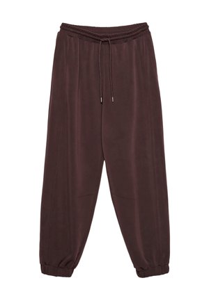 Pantaloni da tuta marroni realizzati in tessuto morbido, con vita elasticizzata e cordino, tasche laterali e polsini elasticizzati alle caviglie.