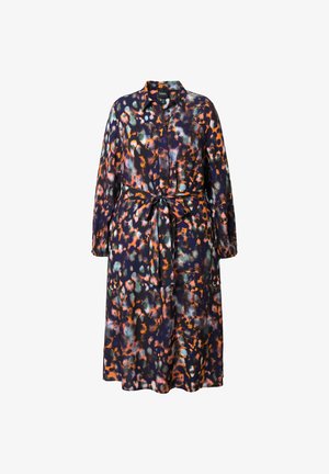 Sukienka z długim rękawem, zapinana na guziki, w kolorowy, abstrakcyjny wzór w panterkę w odcieniach niebieskiego, pomarańczowego i zielonego, z pasującym paskiem w talii.