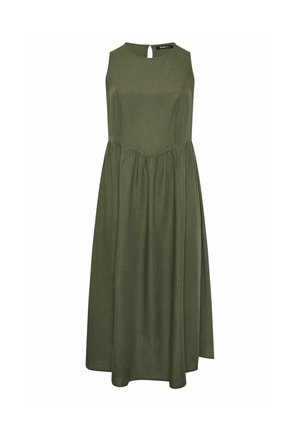 Ärmelloses olivgrünes Midikleid mit rundem Ausschnitt, geraffter Taille und Schlüsselknopfverschluss am Rücken.