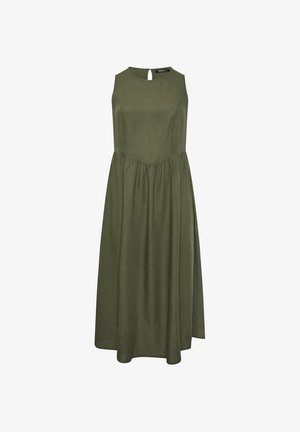 Ärmelloses olivgrünes Midikleid mit rundem Ausschnitt, geraffter Taille und Schlüsselknopfverschluss am Rücken.