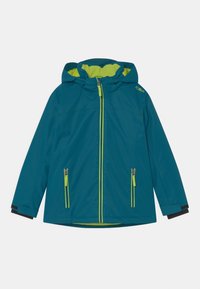 Teal vattentät jacka med en ljusgrön foder, justerbar huva och tv�å framfickor med dragkedja i neongul accent.