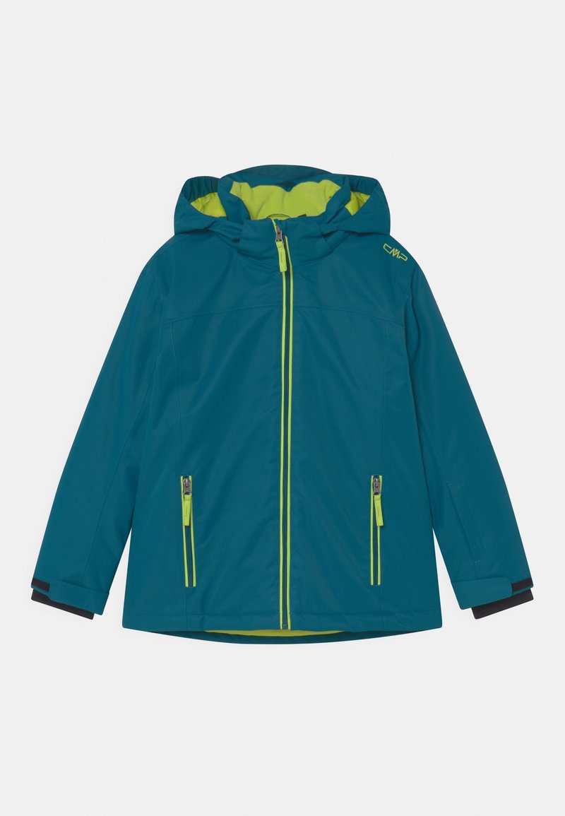 Teal vattentät jacka med en ljusgrön foder, justerbar huva och två framfickor med dragkedja i neongul accent.