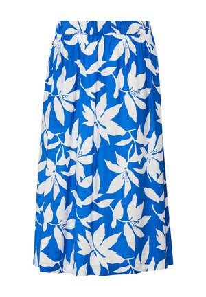 Blauer Rock mit großem weißem Blumenmuster und elastischem Bund, knielang, aus leichtem Stoff.