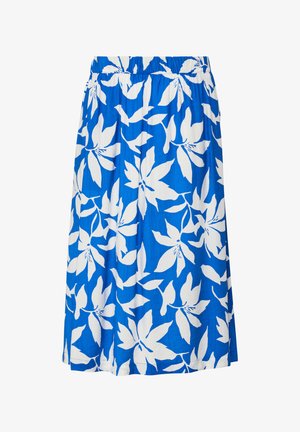 Blauer Rock mit großem weißem Blumenmuster und elastischem Bund, knielang, aus leichtem Stoff.