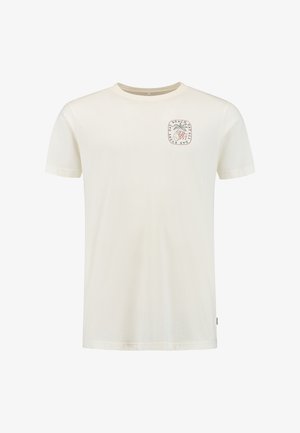 Crèmekleurig katoenen t-shirt met een ronde hals en korte mouwen. Bevat een gedrukt logo op de linkerborst. Gladde textuur.