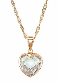 Collana in oro rosa con pendente a forma di cuore sfaccettato e cristallo trasparente e multiformato. La catena ha un design intrecciato.