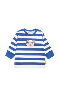 Blå och vit randig långärmad skjorta med en bäransiktebroderi som bär en bandana. Tillverkad av bomull med rund halsringning och tryckknappsstängning.