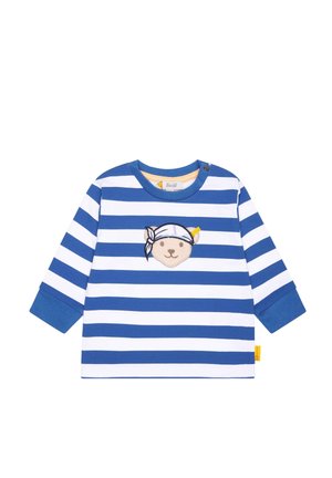 Blå och vit randig långärmad skjorta med en bäransiktebroderi som bär en bandana. Tillverkad av bomull med rund halsringning och tryckknappsstängning.