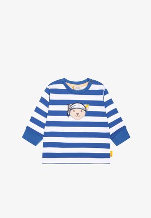 Blauw-wit gestreepte langwerpige shirt met een geborduurd berengezicht dat een bandana draagt. Gemaakt van katoen met een ronde hals en drukknoopsluiting.