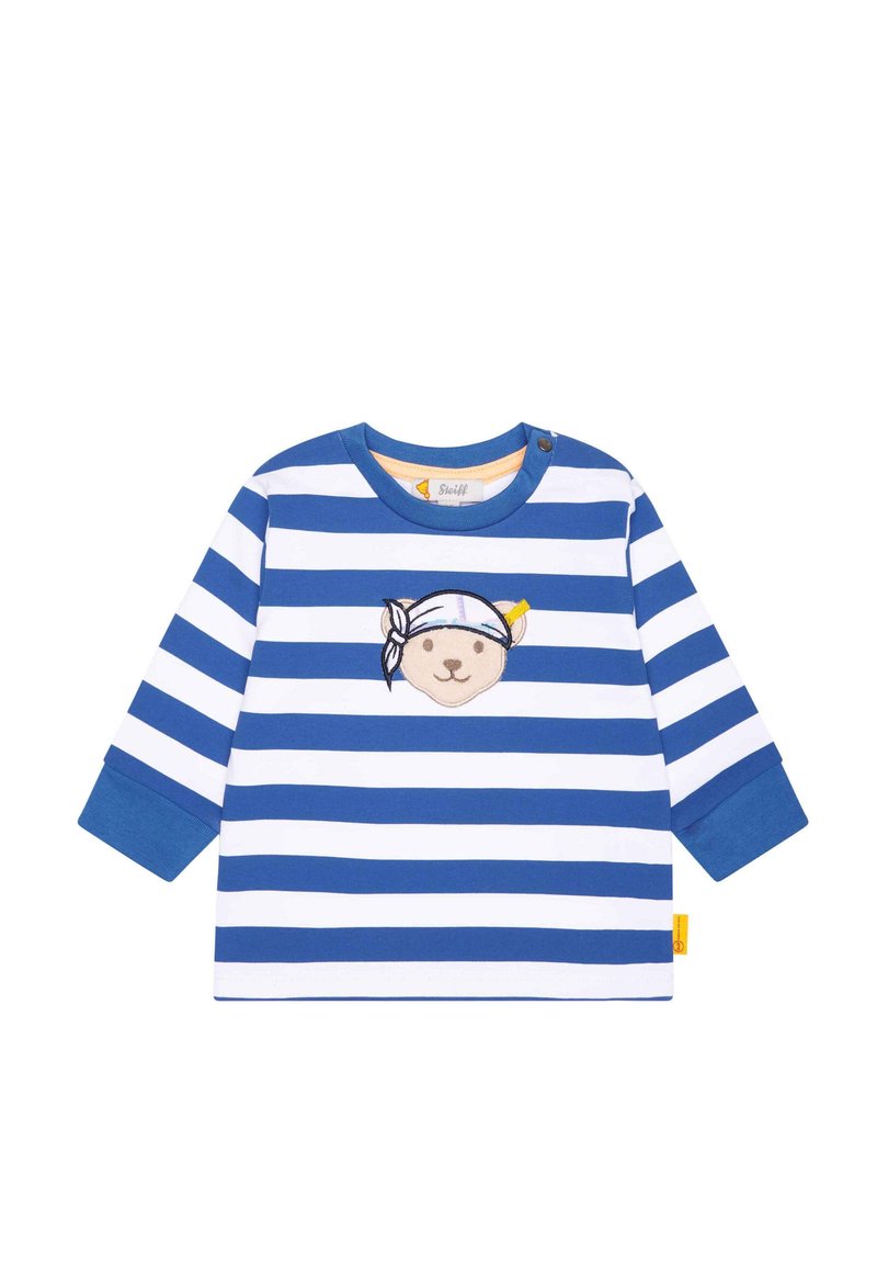 Blå och vit randig långärmad skjorta med en bäransiktebroderi som bär en bandana. Tillverkad av bomull med rund halsringning och tryckknappsstängning.