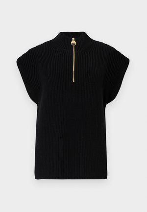 Black knitted top with a high collar and short sleeves, featuring a gold zipper accent at the neck. Textured fabric with ribbed design.