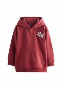Haut à capuche bordeaux avec une poche avant et un logo "LA" blanc sur la poitrine, doté d'une capuche et de poignets côtelés. Design simple et décontracté.
