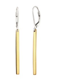 Sølv øreringe med lås og lange, slanke rektangulære guldfarvede vedhæng, der hænger lodret.