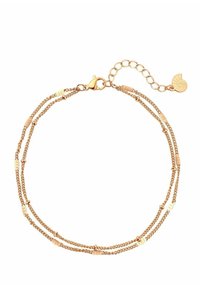 Pulsera en tonos dorados con un diseño de cadena intrincado, que presenta acentos planos y ovalados, y un cierre de langosta. Longitud ajustable, estilo minimalista.