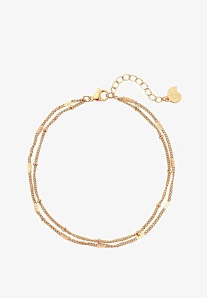 Pulsera en tonos dorados con un diseño de cadena intrincado, que presenta acentos planos y ovalados, y un cierre de langosta. Longitud ajustable, estilo minimalista.