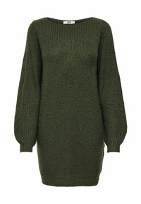 Grünes gestricktes Kleid mit quadratischem Ausschnitt, langen Puffärmeln und gerippten Bündchen. Verfügt über ein strukturiertes Muster über das gesamte Kleid.