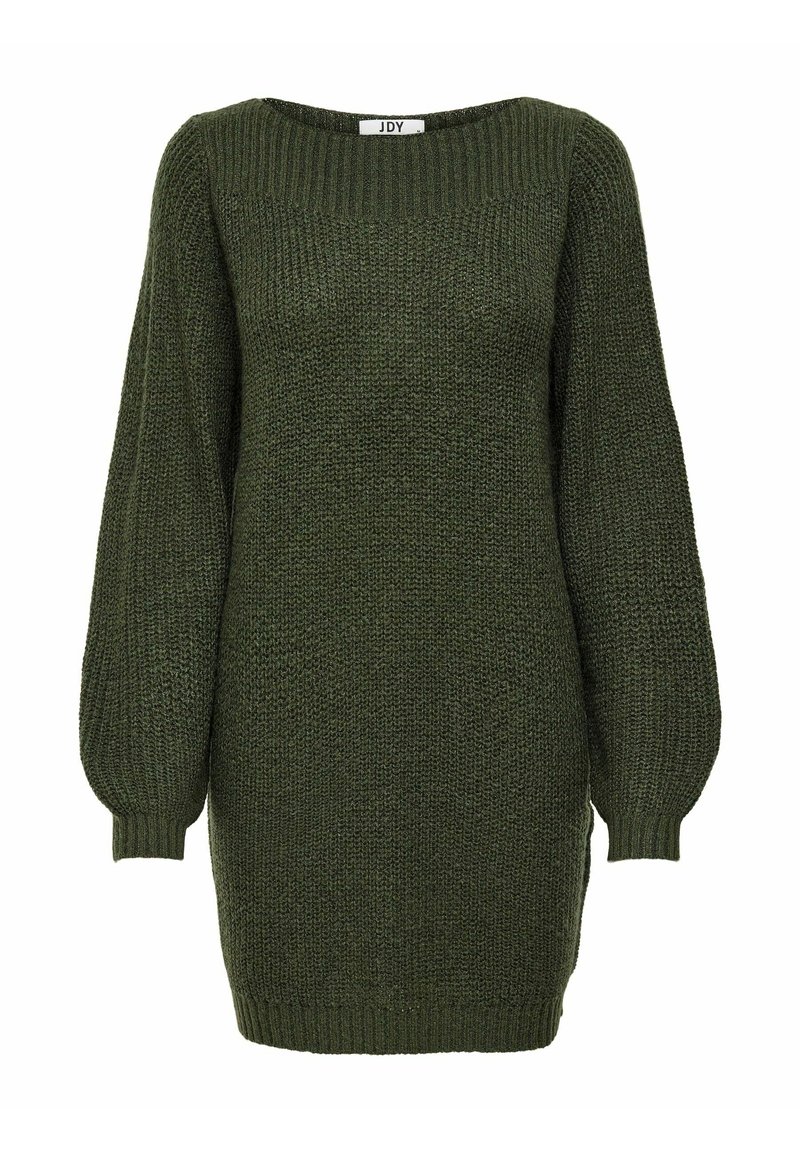 Grünes gestricktes Kleid mit quadratischem Ausschnitt, langen Puffärmeln und gerippten Bündchen. Verfügt über ein strukturiertes Muster über das gesamte Kleid.