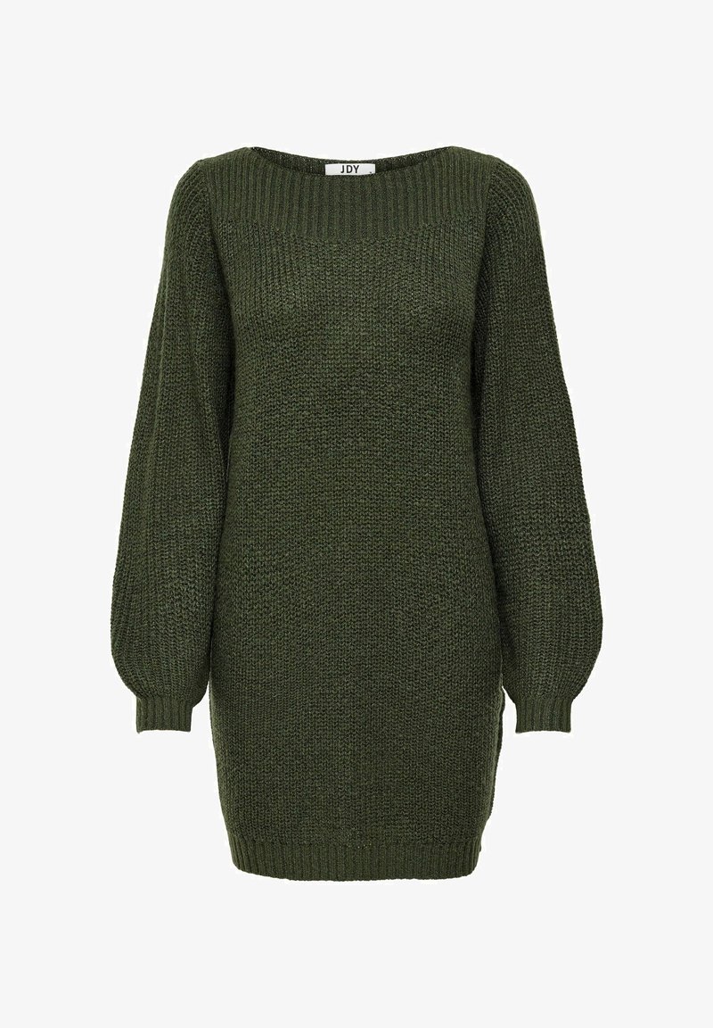 Grünes gestricktes Kleid mit quadratischem Ausschnitt, langen Puffärmeln und gerippten Bündchen. Verfügt über ein strukturiertes Muster über das gesamte Kleid.