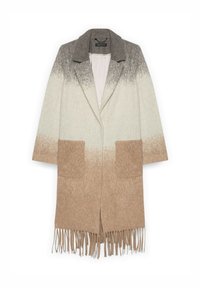 Cappotto scialle lavorato a maglia in sfumature degradé di grigio e crema, con la parte inferiore marrone, due tasche frontali e dettagli in frangia sull'orlo.