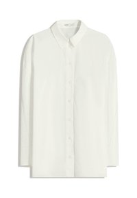 Camicia bianca a maniche lunghe con bottone realizzata in tessuto leggero. Presenta un colletto classico, orlo dritto e chiusura con bottoni.