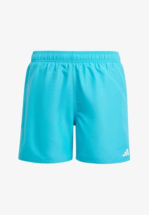 Pantalones cortos deportivos de color turquesa brillante con cintura elástica y pequeño logo blanco en la parte inferior izquierda, mostrados sobre un fondo blanco.