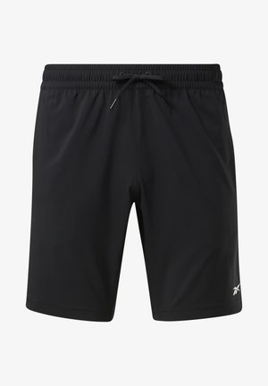 Pantalones cortos deportivos negros con cintura elástica y cordón ajustable, con un pequeño logo blanco en la parte inferior de la pierna izquierda.