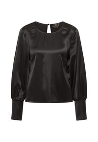 Sort satin bluse med en rund halsudskæring, lange pufærmer og en nøglehulldetalje bagpå. Glat tekstur og struktureret design.