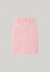 Falda de mezclilla rosa con un diseño ajustado, cierre frontal de botones y dos bolsillos delanteros. Presenta un dobladillo recto y detalles de costura sutiles.
