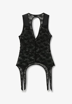 Schwarzer Spitzen-Body mit ärmellosem Design, tiefem V-Ausschnitt, offenem Rückenausschnitt mit Schlitz und vier Strapshaltern, die vom Saum hängen.