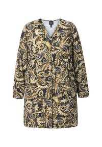 Cappotto lungo con bottoni neri e stampa paisley dorata e bianca. Presenta un scollo a V e maniche lunghe, realizzato in tessuto testurizzato.
