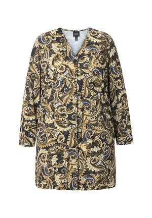 Long, button-front coat in black with gold and white paisley print. Features a V-neck and long sleeves, made from textured fabric.