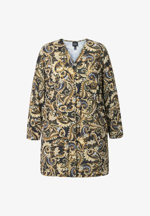 Pitkä, nappikiinnitteinen takki mustana, jossa on kultavalkoinen paisleykuvio. Takissa on V-mallinen kaula-aukko ja pitkät hihat, ja se on valmistettu teksturoidusta kankaasta.