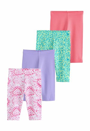 Vier Paar knielange Leggings für Kinder in den Mustern Pink, Blau mit Blumenmuster, Lavendel und Pink Batik, vertikal angeordnet.