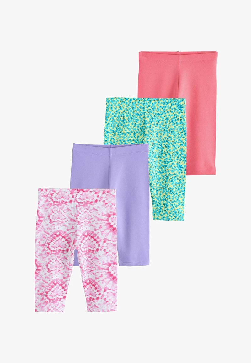Quatre paires de leggings enfant longueur genou, disposées verticalement, dans des motifs rose, floral bleu, lavande et tie-dye rose.