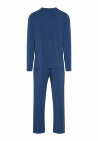 Marineblå langærmet top og matchende bukser lavet af blødt stof, med rund halsudskæring og elastisk talje i bukserne.