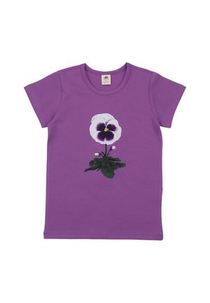 Purple short-sleeve t-shirt with a large white and dark purple pansy flower graphic centered on the front.