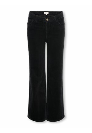 Pantalones de pana negros de cintura alta con botón y cremallera en la parte delantera, dos bolsillos delanteros, piernas ligeramente acampanadas y una etiqueta de marca en el interior de la cinturilla.