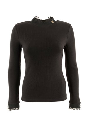 Top lungo a maniche nere a coste con scollatura alta, rifiniture in pizzo e dettagli con bottoni sui polsini. Design aderente con una texture liscia.